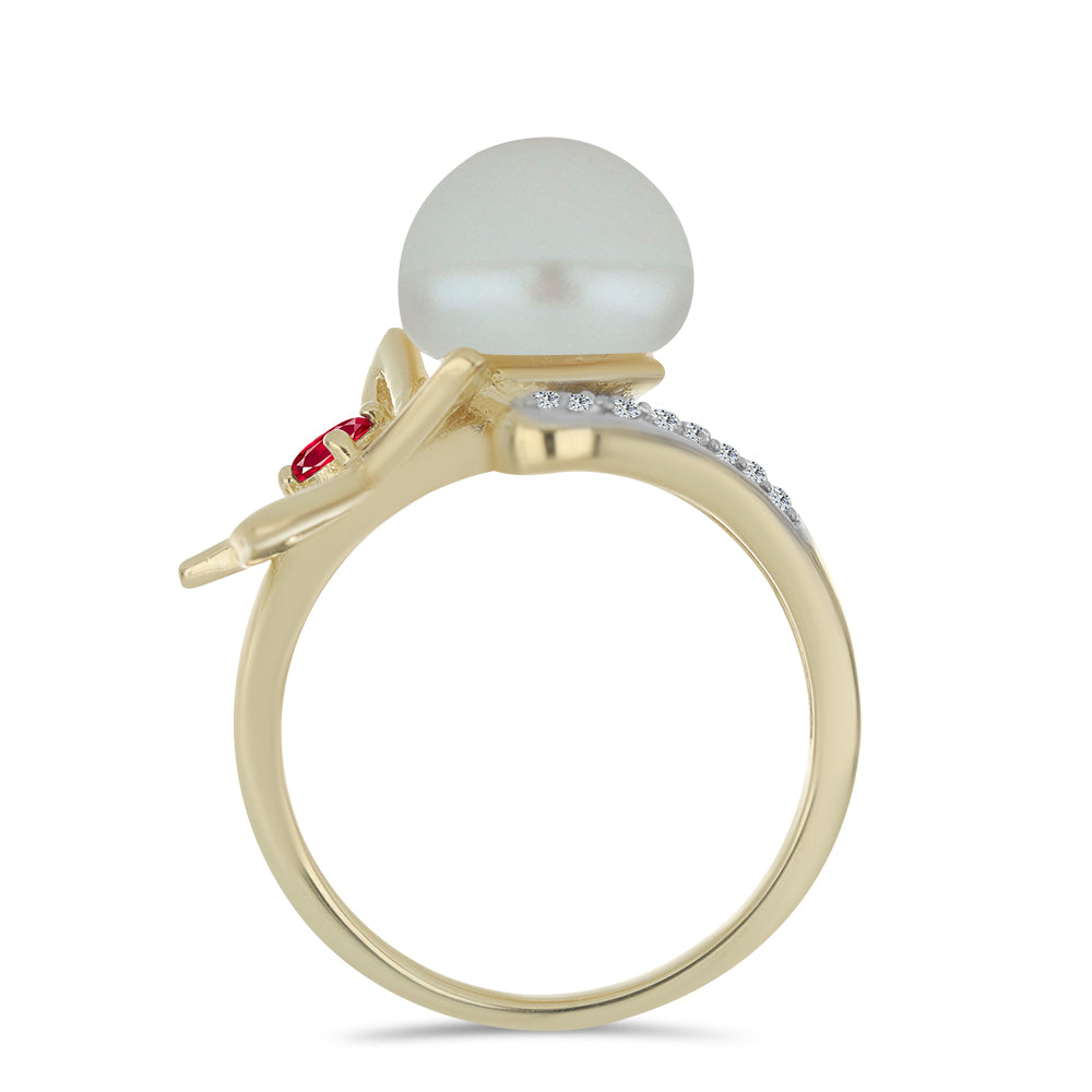 Anillo de Plata Bañada en Oro con Perla de Agua Dulce y Rubí de Madagascar 2 