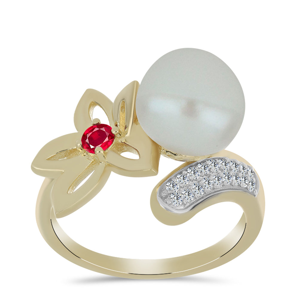 Anillo de Plata Bañada en Oro con Perla de Agua Dulce y Rubí de Madagascar 3 