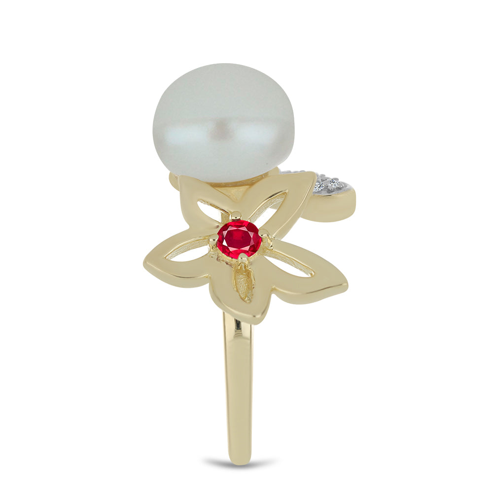 Anillo de Plata Bañada en Oro con Perla de Agua Dulce y Rubí de Madagascar 4 