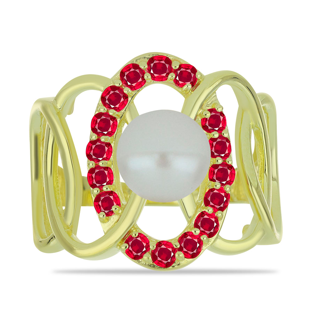 Anillo de Plata Bañada en Oro con Perla de Agua Dulce y Rubí de Madagascar 1 