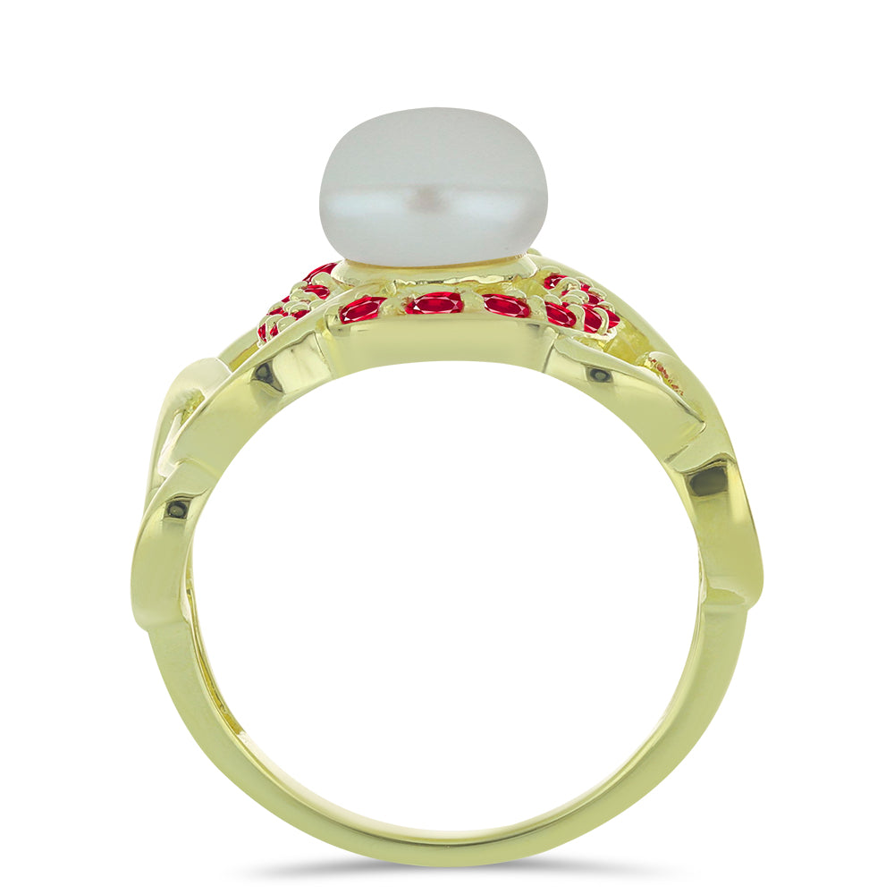 Anillo de Plata Bañada en Oro con Perla de Agua Dulce y Rubí de Madagascar 2 