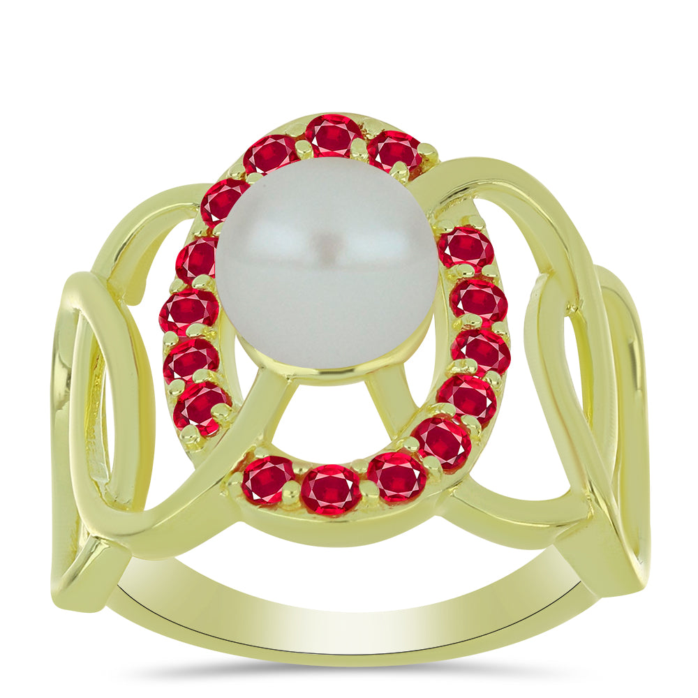 Anillo de Plata Bañada en Oro con Perla de Agua Dulce y Rubí de Madagascar 3 