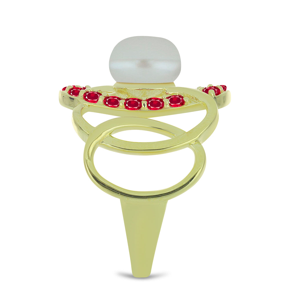 Anillo de Plata Bañada en Oro con Perla de Agua Dulce y Rubí de Madagascar 4 