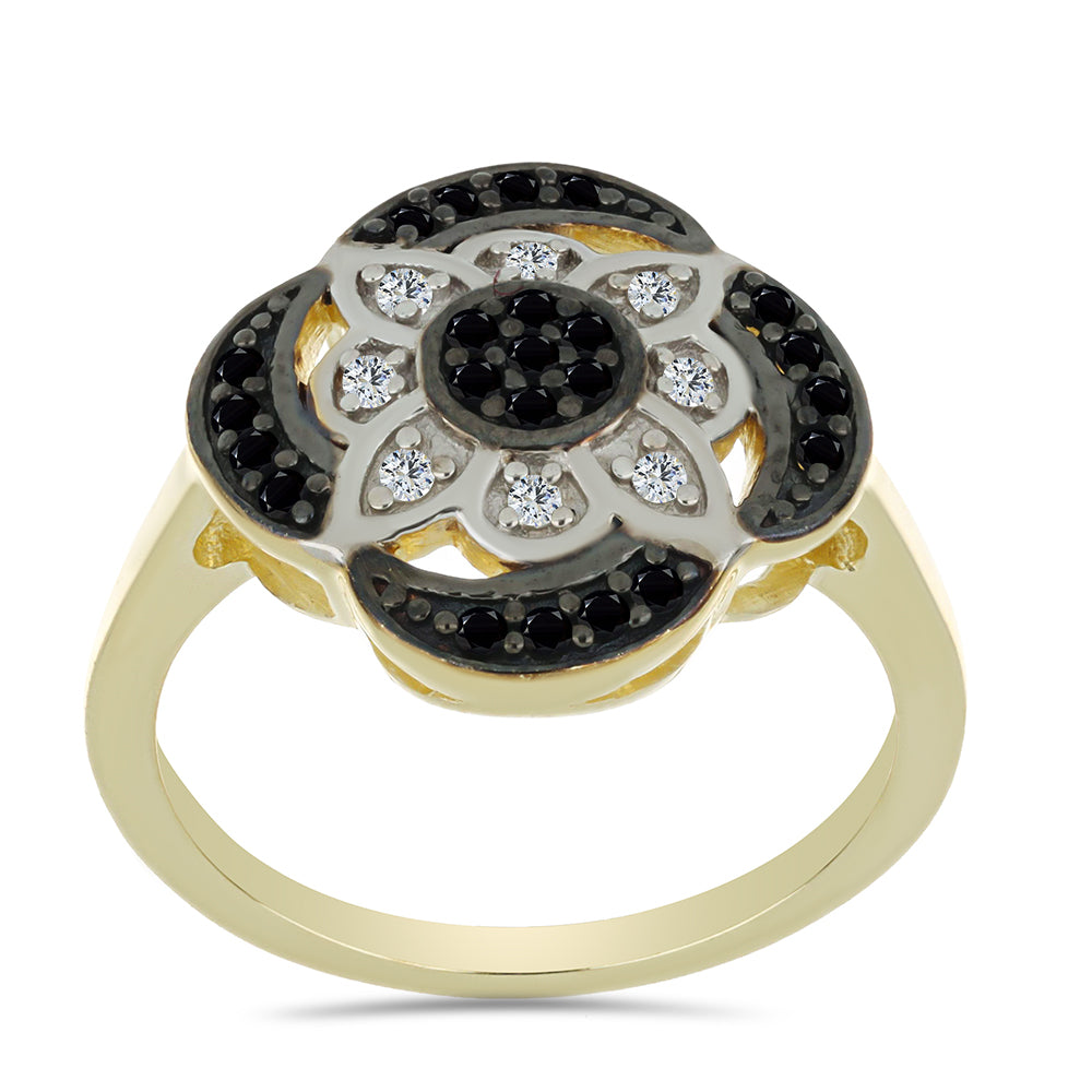 Anillo de Plata Bañada en Oro con Espinela Negra y Topacio Blanco