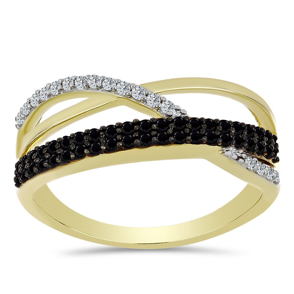Anillo de Plata Bañada en Oro con Espinela Negra y Topacio Blanco