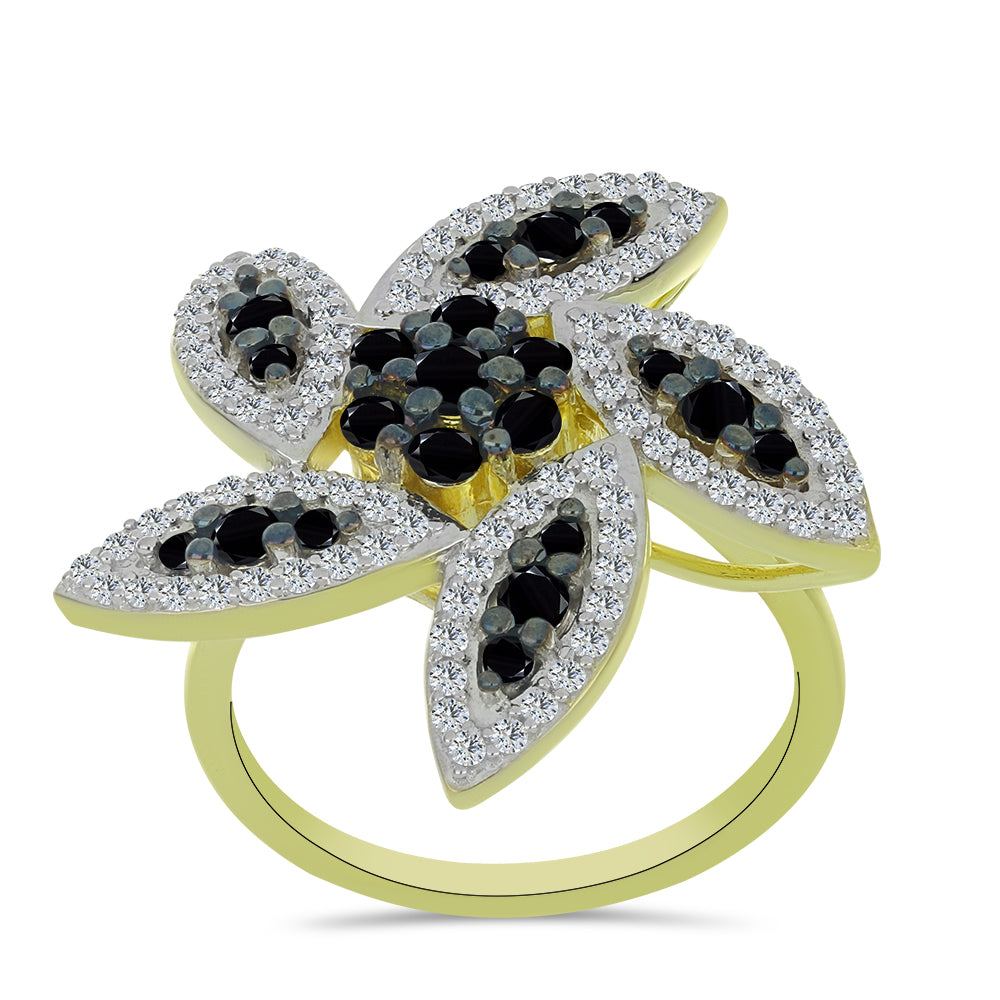 Anillo de Plata Bañada en Oro con Espinela Negra y Topacio Blanco