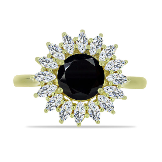 Anillo de Plata Bañada en Oro con Espinela Negra y Topacio Blanco