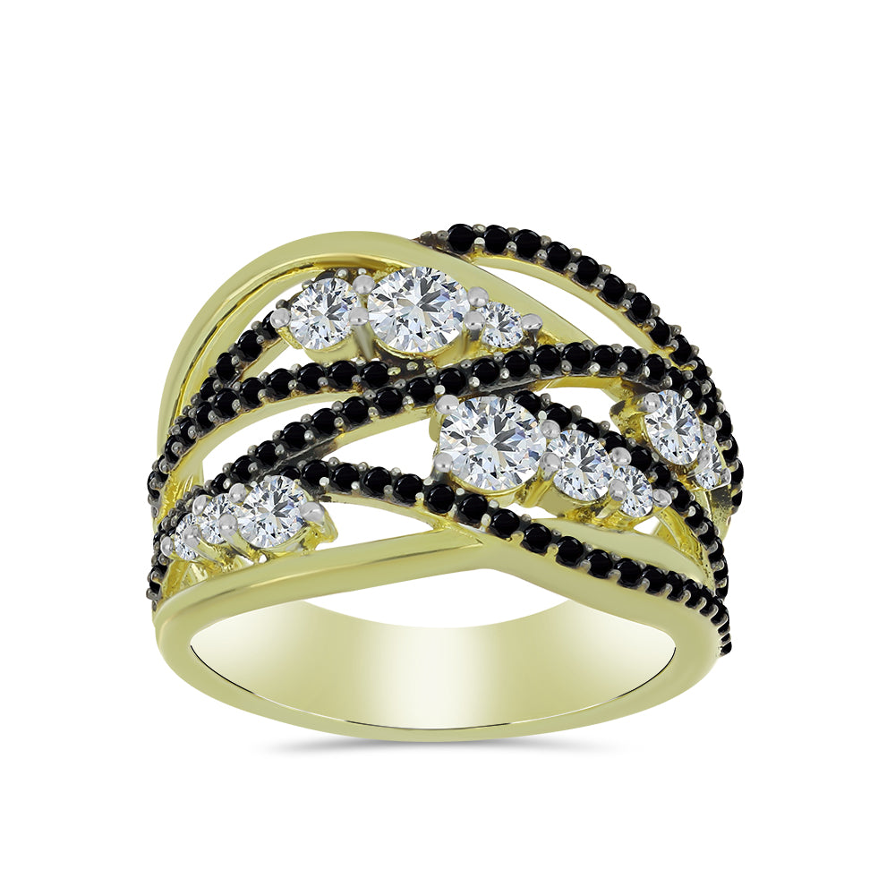 Anillo de Plata Bañada en Oro con Espinela Negra y Topacio Blanco