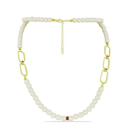 Conjunto de Plata Bañada en Oro con Perla de Agua Dulce y Rubí de Madagascar ( Collar +Pendientes +Pulsera )