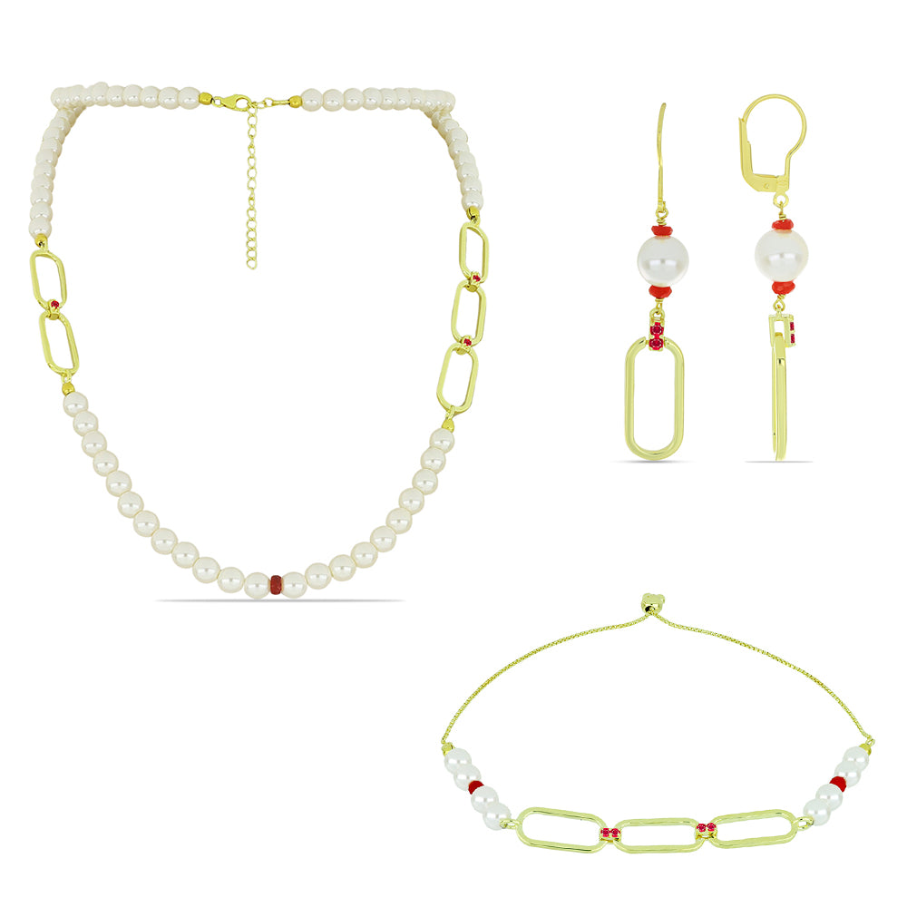 Conjunto de Plata Bañada en Oro con Perla de Agua Dulce y Rubí de Madagascar ( Collar +Pendientes +Pulsera )