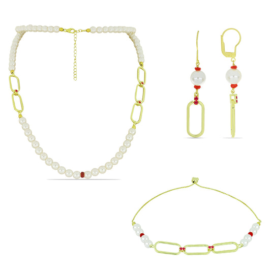 Conjunto de Plata Bañada en Oro con Perla de Agua Dulce y Rubí de Madagascar ( Collar +Pendientes +Pulsera )