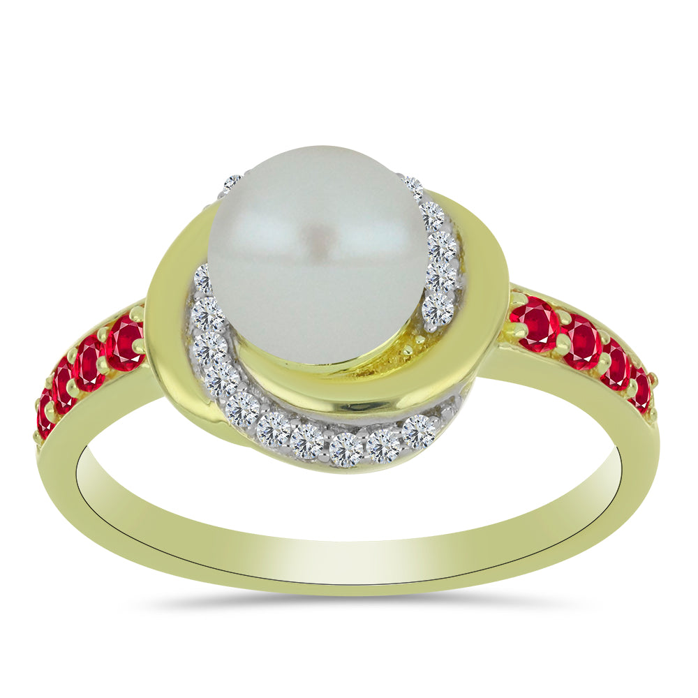 Anillo de Plata Bañada en Oro con Perla de Agua Dulce y Rubí de Madagascar