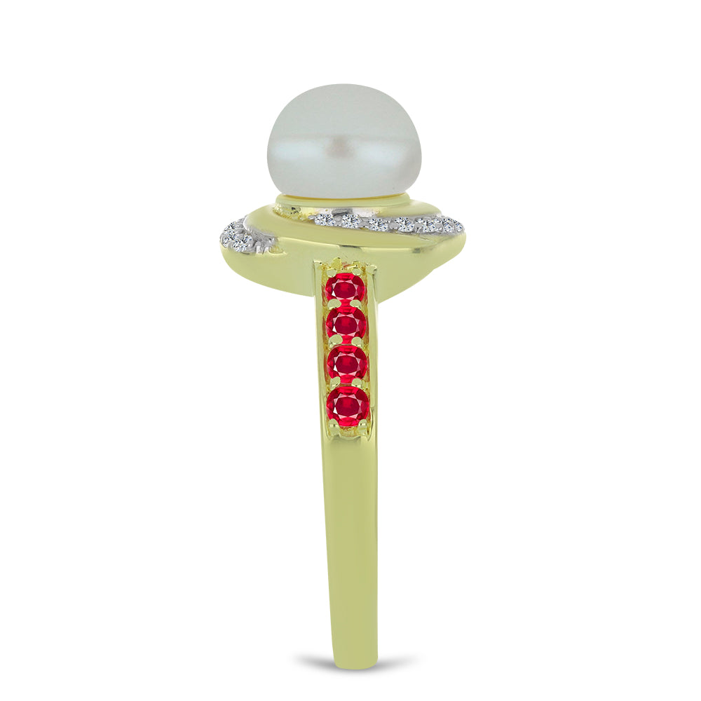 Anillo de Plata Bañada en Oro con Perla de Agua Dulce y Rubí de Madagascar