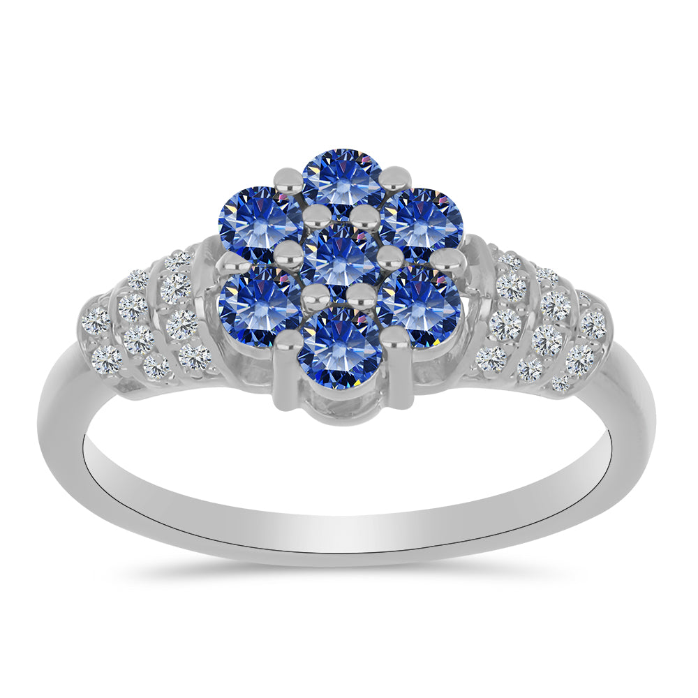 Anillo de Plata con Moisanita azul real certificado y cultivado en laboratorio y Topacio Blanco