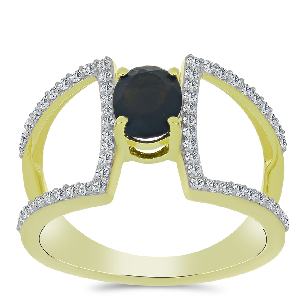 Anillo de Plata Bañada en Oro con Obsidiana y Topacio Blanco
