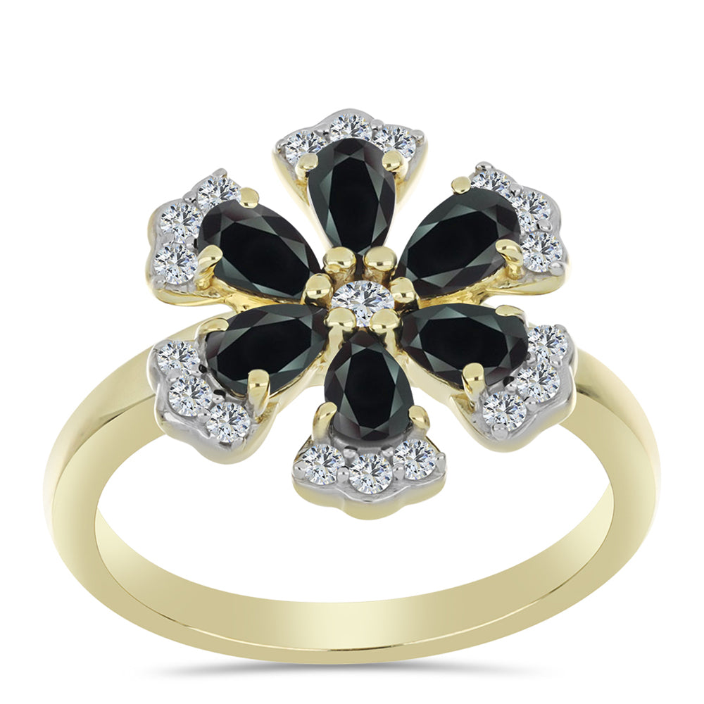 Anillo de Plata Bañada en Oro con Obsidiana y Topacio Blanco