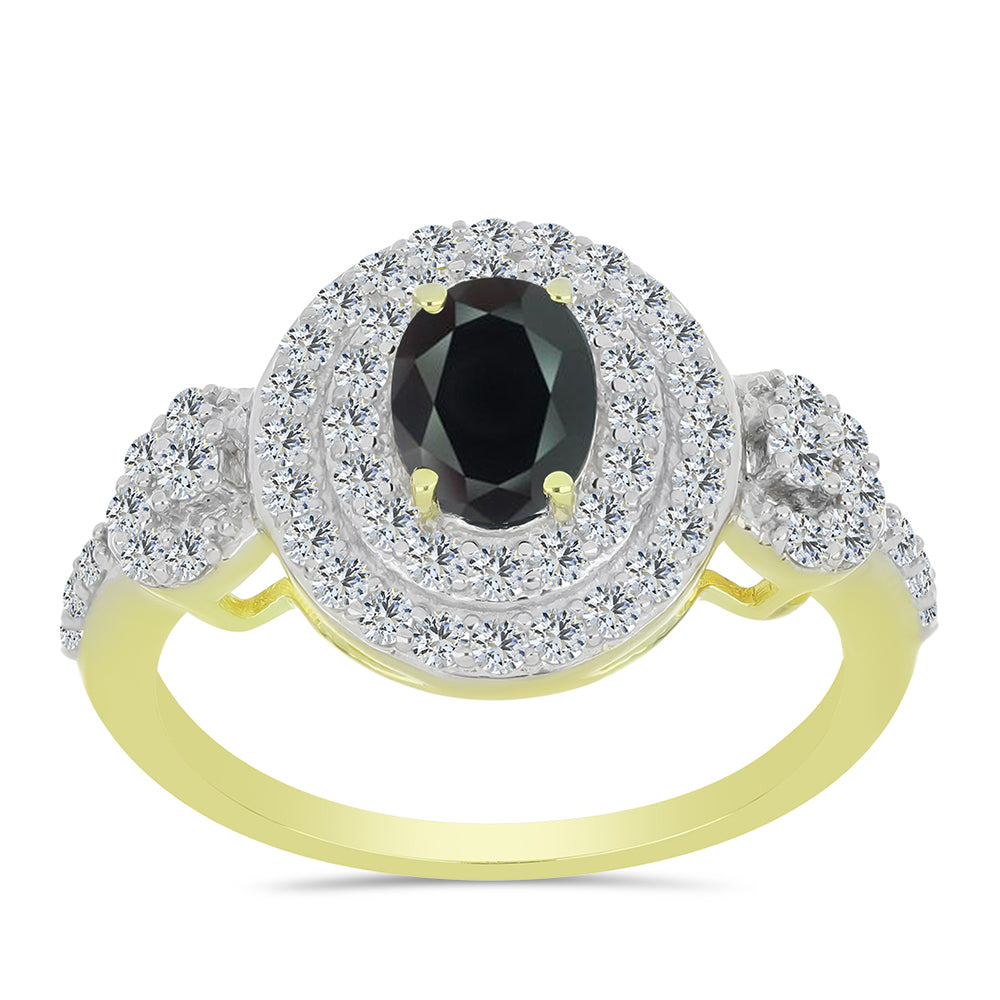 Anillo de Plata Bañada en Oro con Obsidiana y Topacio Blanco