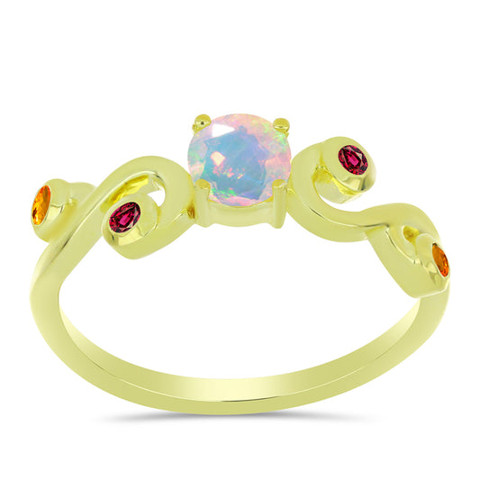 Anillo de Plata Bañada en Oro con Ópalo Welo y Chakra Turmalina