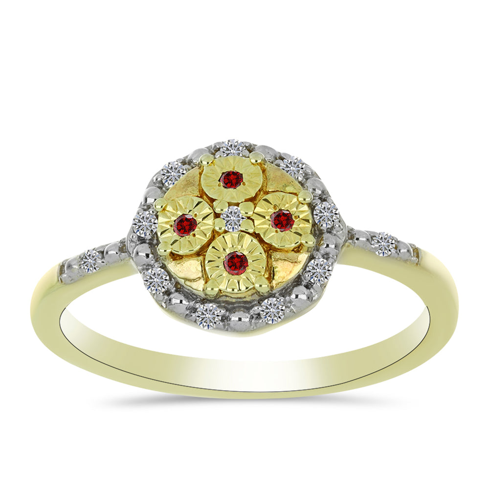 Anillo de Plata Bañada en Oro con Diamante Rojo y Diamante blanco