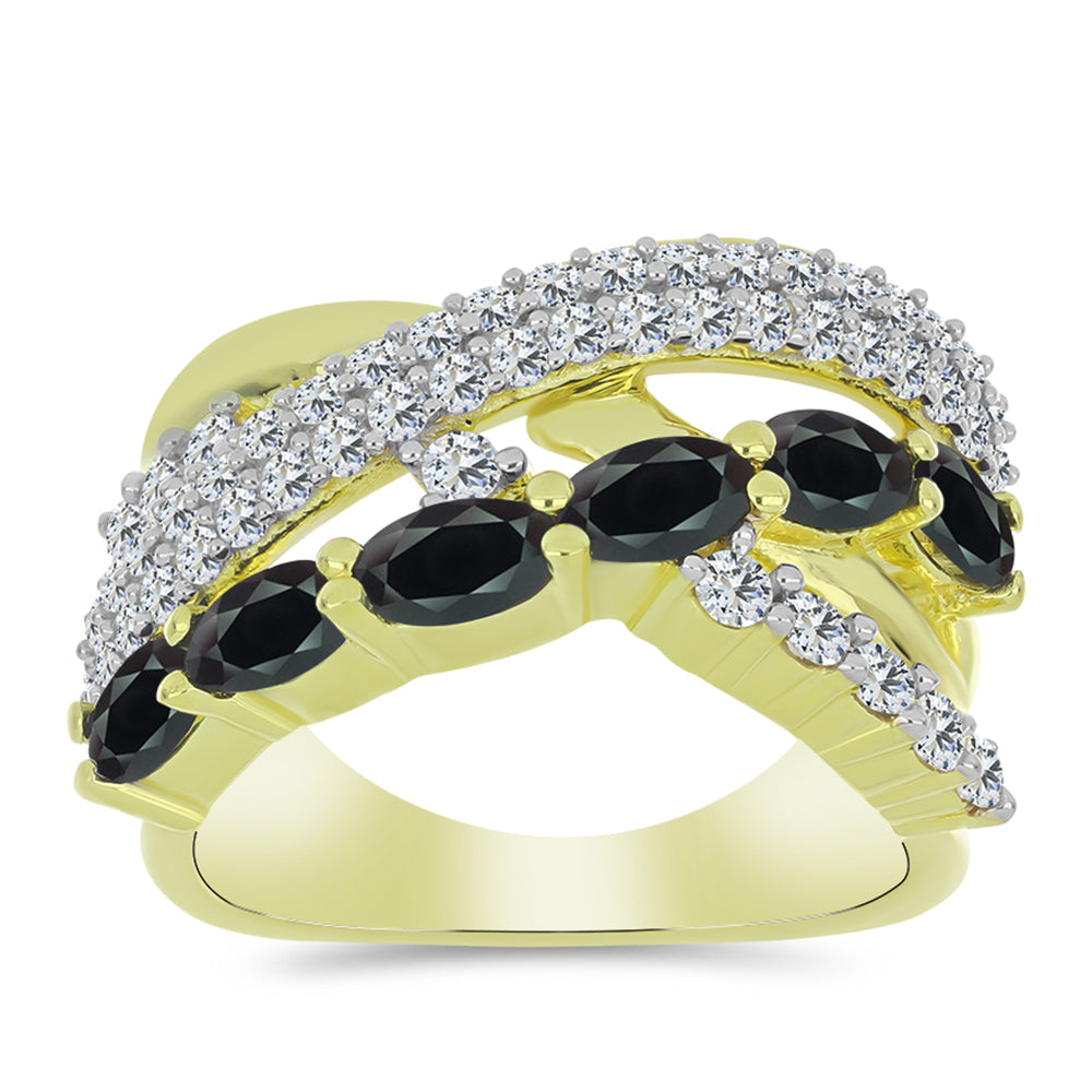 Anillo de Plata Bañada en Oro con Obsidiana y Topacio Blanco 3 