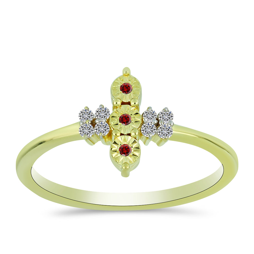 Anillo de Plata Bañada en Oro con Diamante Rojo y Diamante blanco