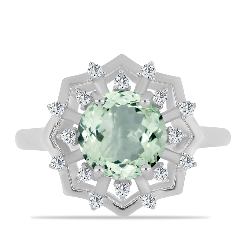 Anillo de Plata con Amatista Verde y Topacio Blanco