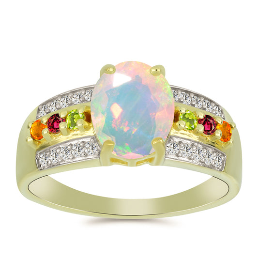 Anillo de Plata Bañada en Oro con Ópalo Welo y Chakra Turmalina