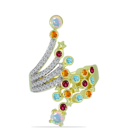 Anillo de Plata Bañada en Oro con Ópalo Welo y Chakra Turmalina
