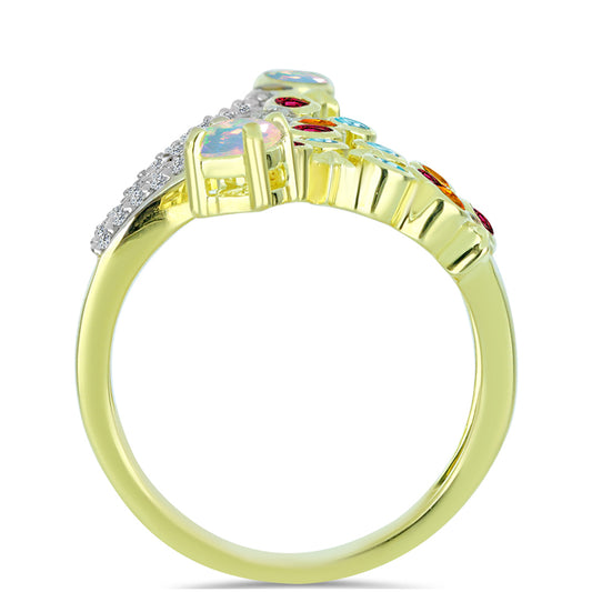 Anillo de Plata Bañada en Oro con Ópalo Welo y Chakra Turmalina