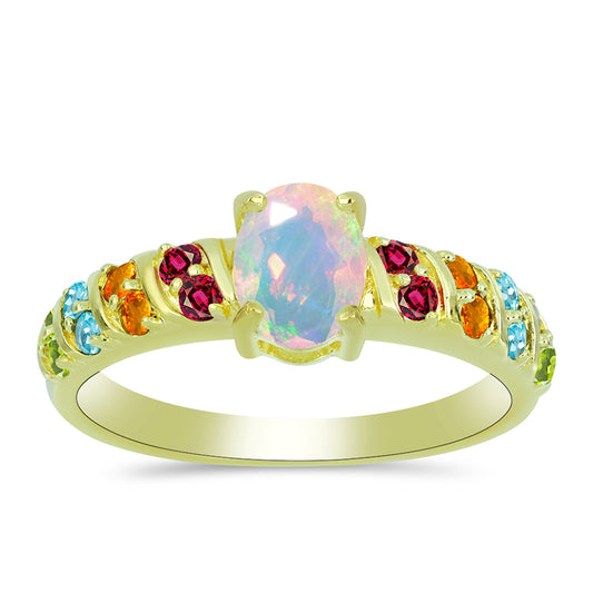 Anillo de Plata Bañada en Oro con Ópalo Welo y Chakra Turmalina