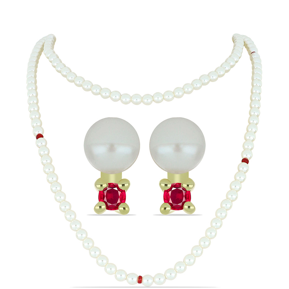 Conjunto de Plata Bañada en Oro con Perla de Agua Dulce y Rubí de Madagascar ( Collar +Pendientes )