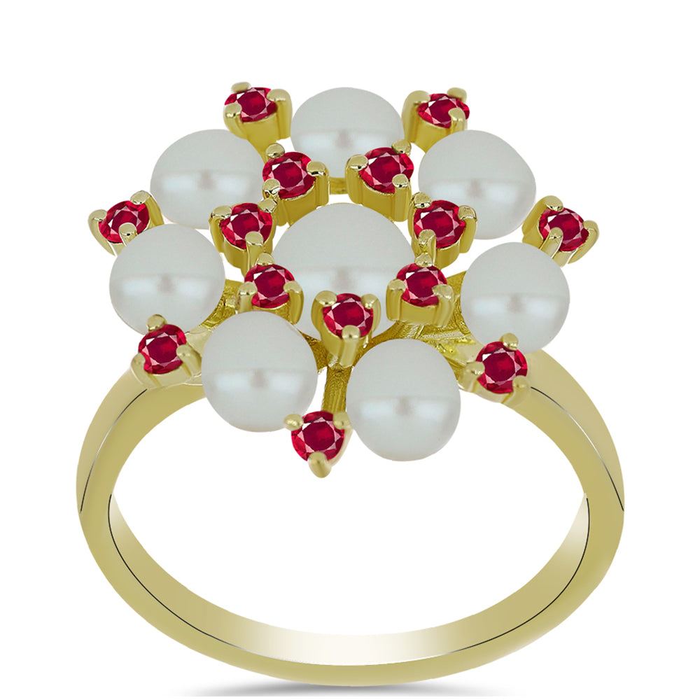 Anillo de Plata Bañada en Oro con Perla de Agua Dulce y Rubí de Madagascar 3 