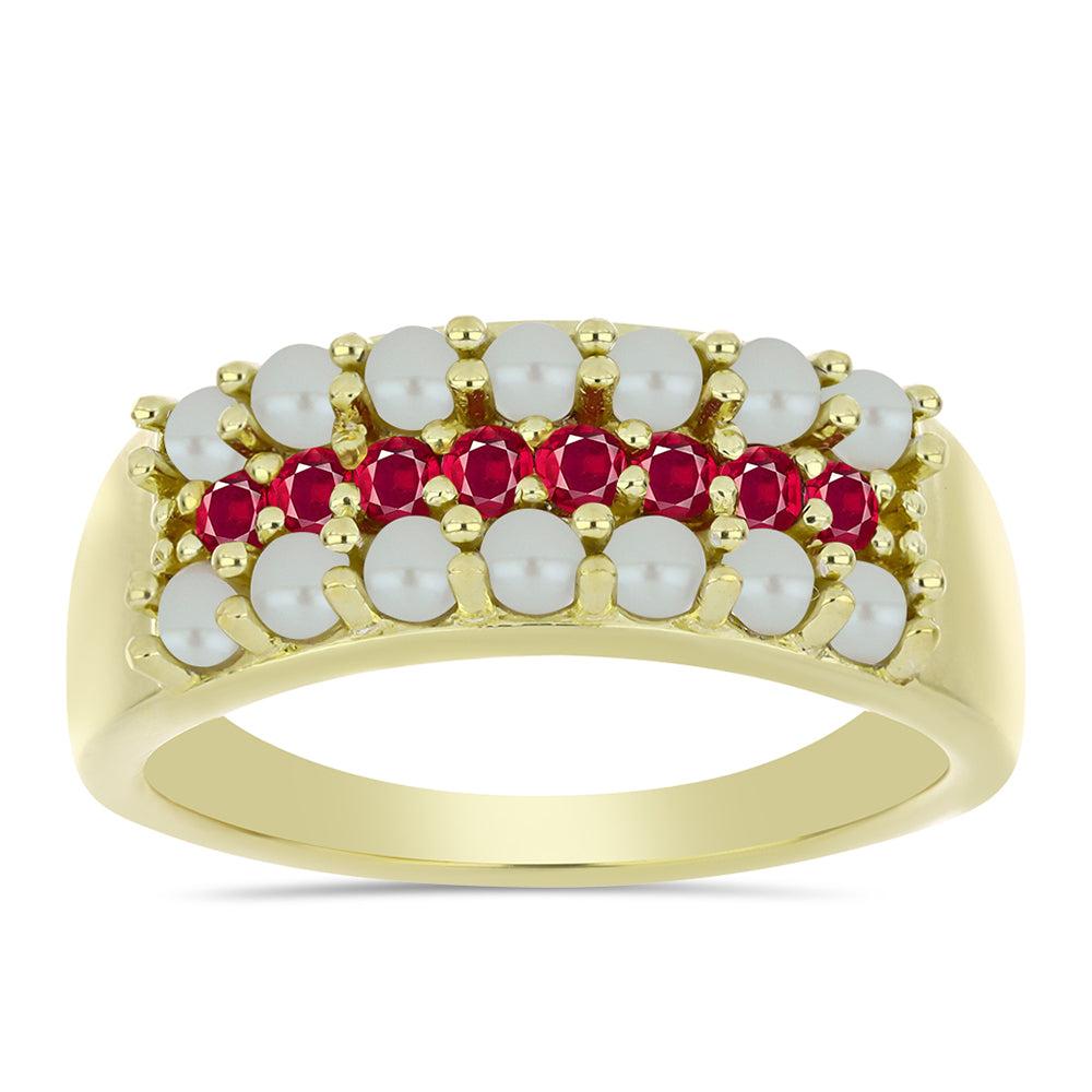 Anillo de Plata Bañada en Oro con Perla de Agua Dulce y Rubí de Madagascar