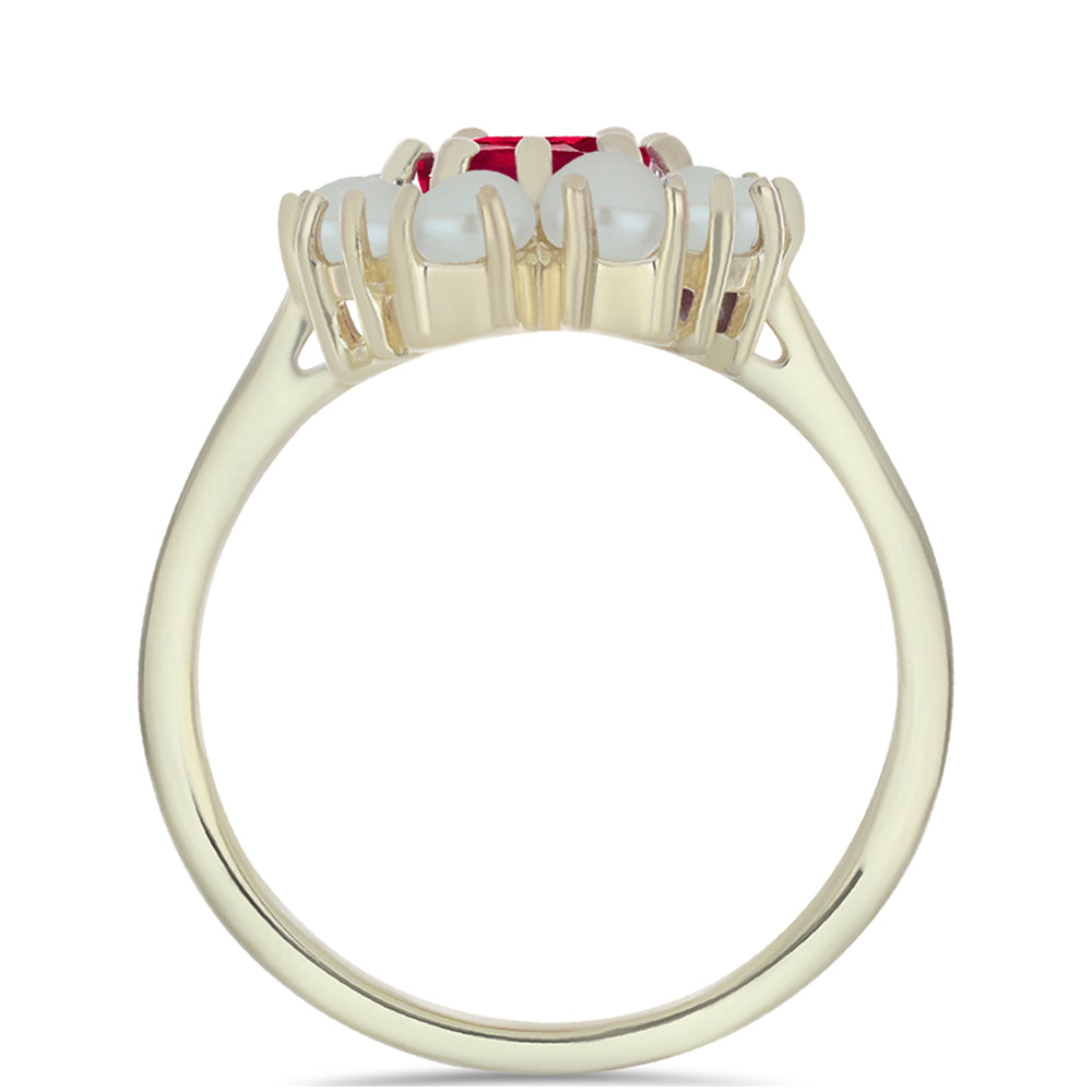 Anillo de Plata Bañada en Oro con Perla de Agua Dulce y Rubí de Madagascar