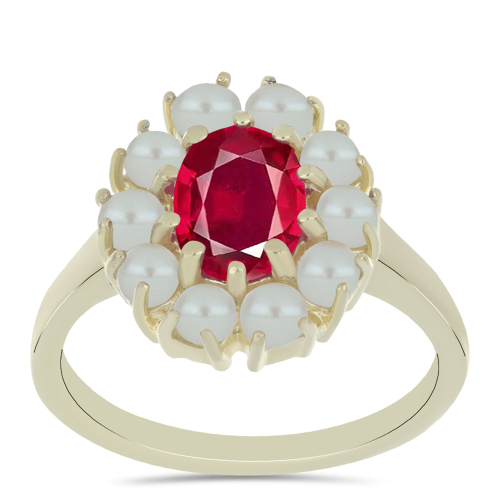 Anillo de Plata Bañada en Oro con Perla de Agua Dulce y Rubí de Madagascar