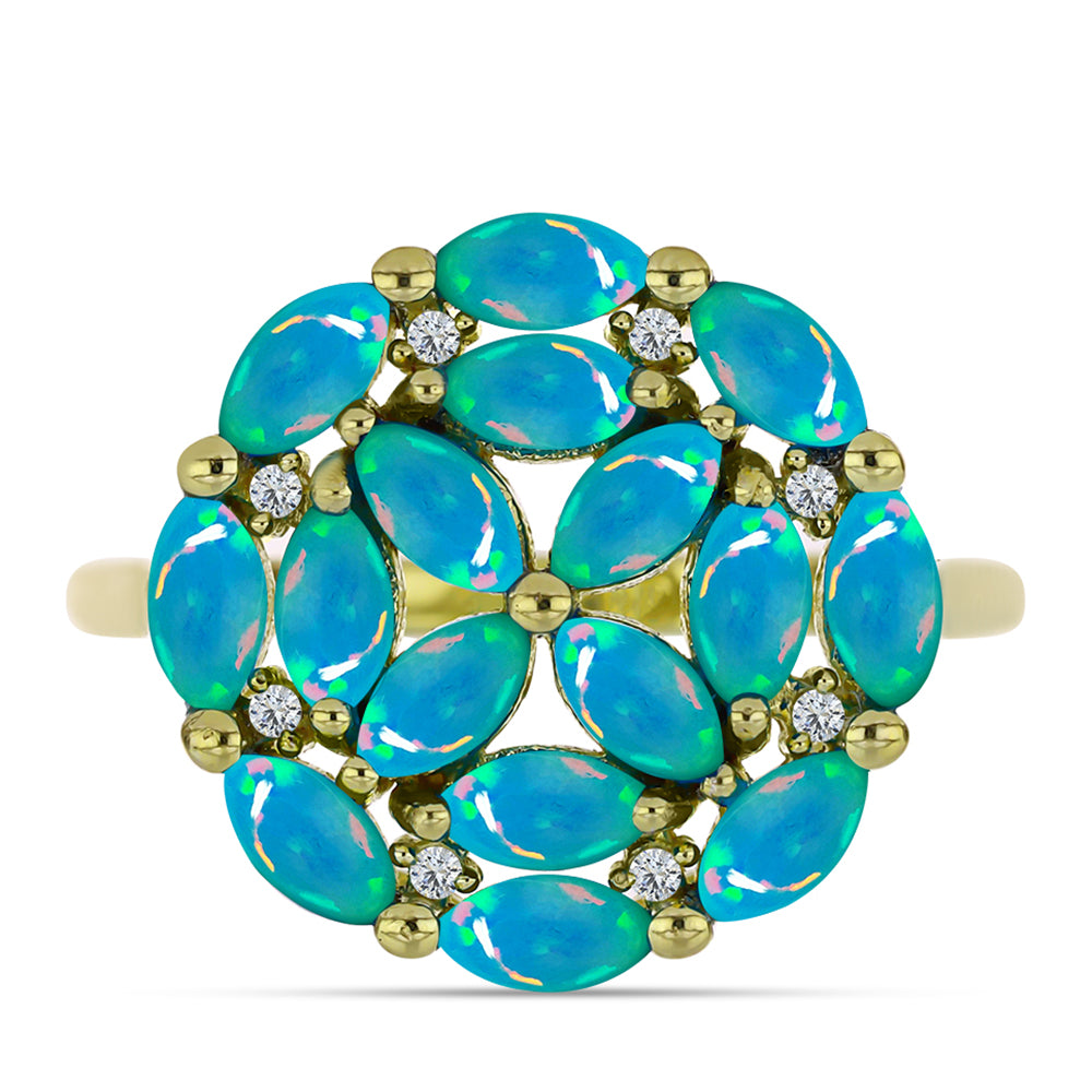 Anillo de Plata Bañada en Oro con Ópalo Azul Paraiba de Etiopía y Topacio Blanco