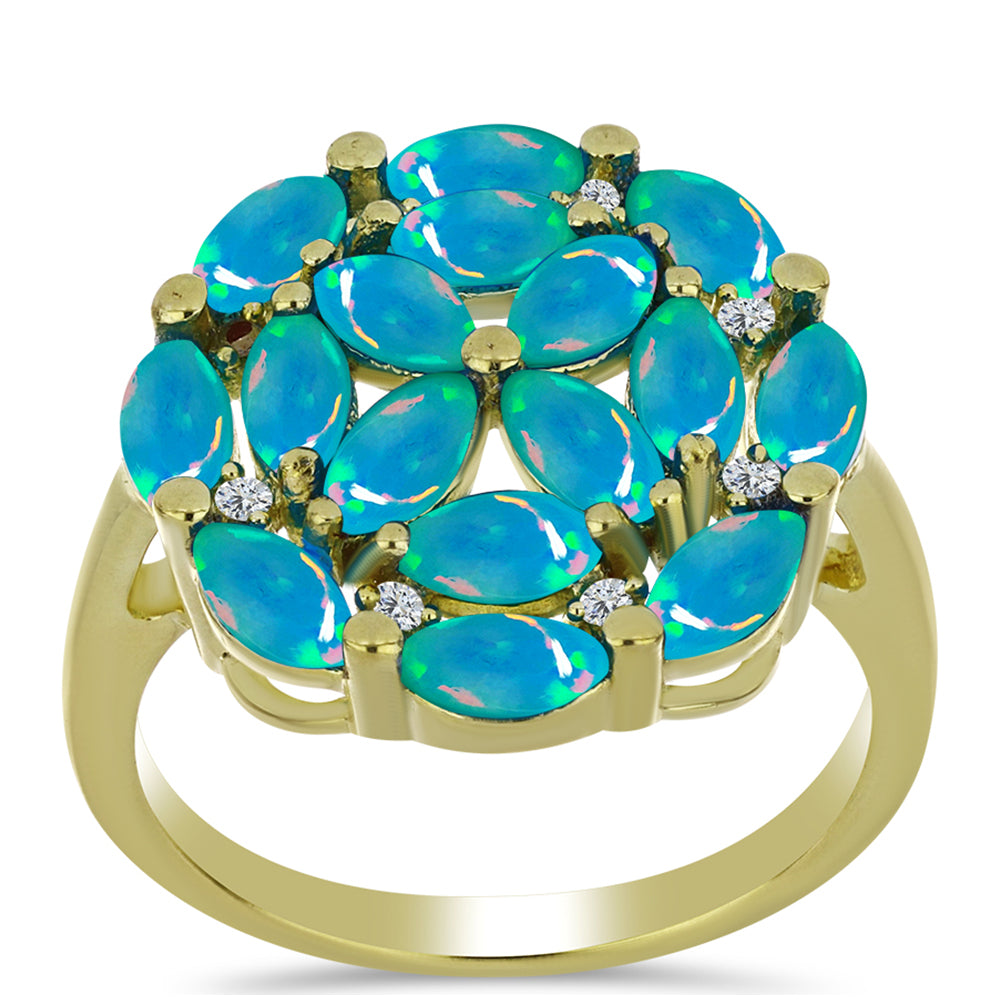 Anillo de Plata Bañada en Oro con Ópalo Azul Paraiba de Etiopía y Topacio Blanco