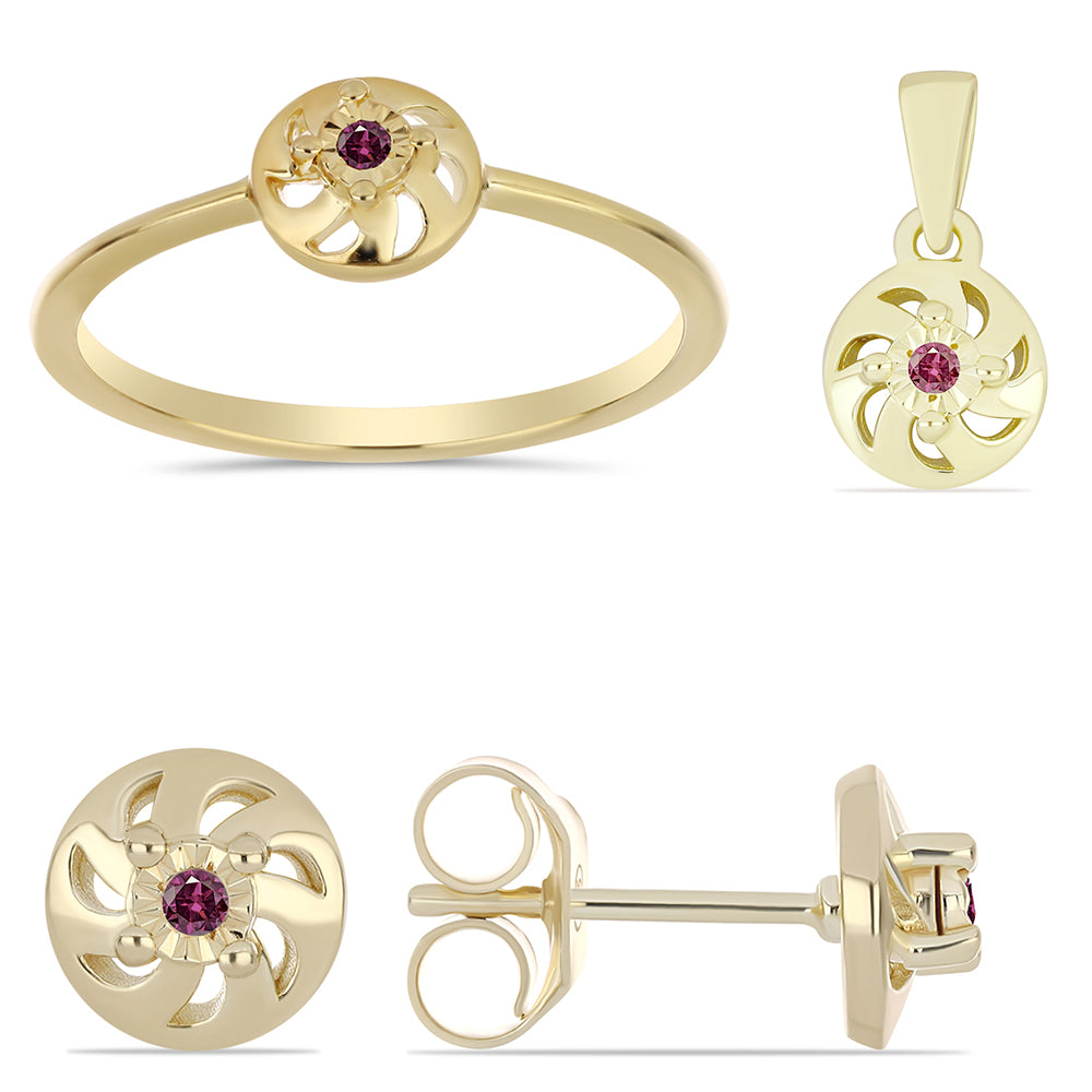 Conjunto de Plata Bañada en Oro con Diamante Púrpura ( Pendientes +Anillo +Colgante )