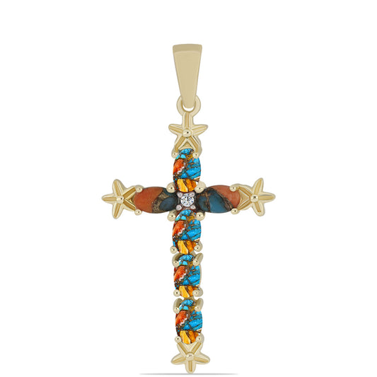 Cruz Colgante de Plata Bañada en Oro con Turquesa Ostra y Topacio Blanco