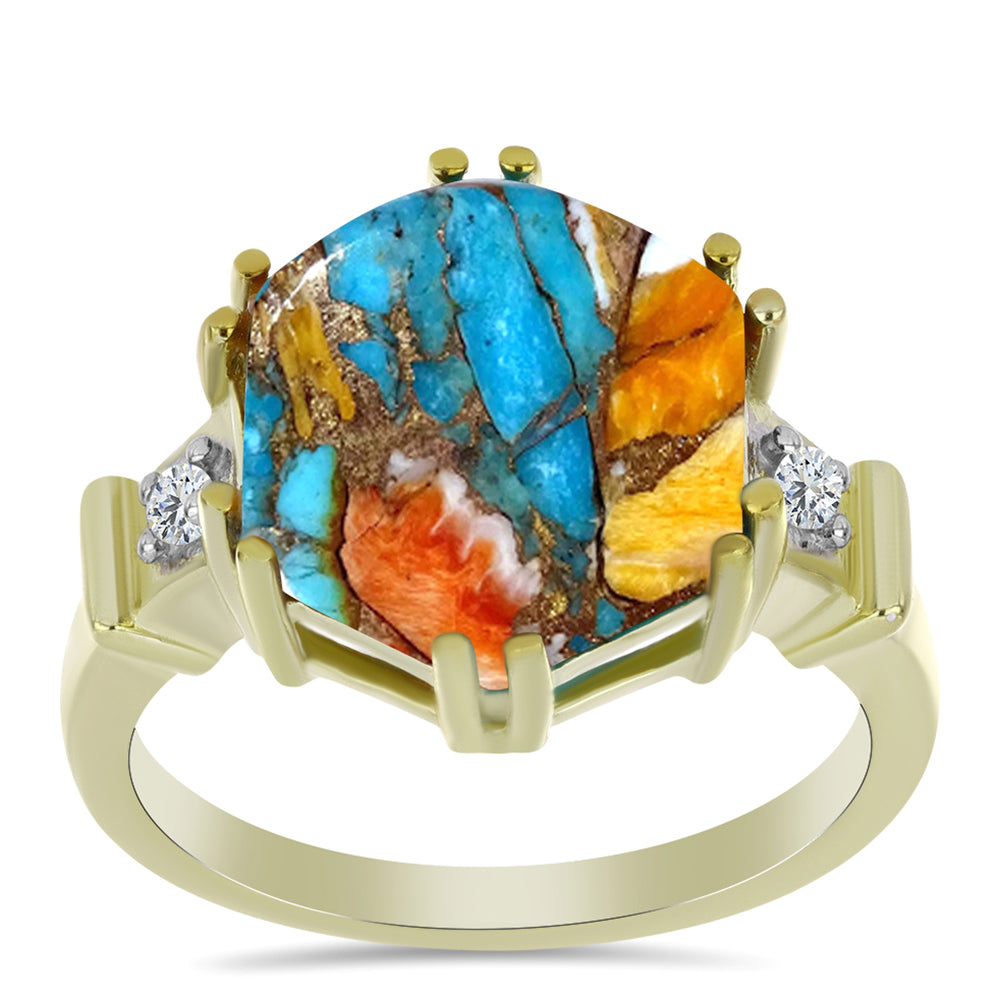 Anillo de Plata Bañada en Oro con Turquesa Ostra y Topacio Blanco 3 