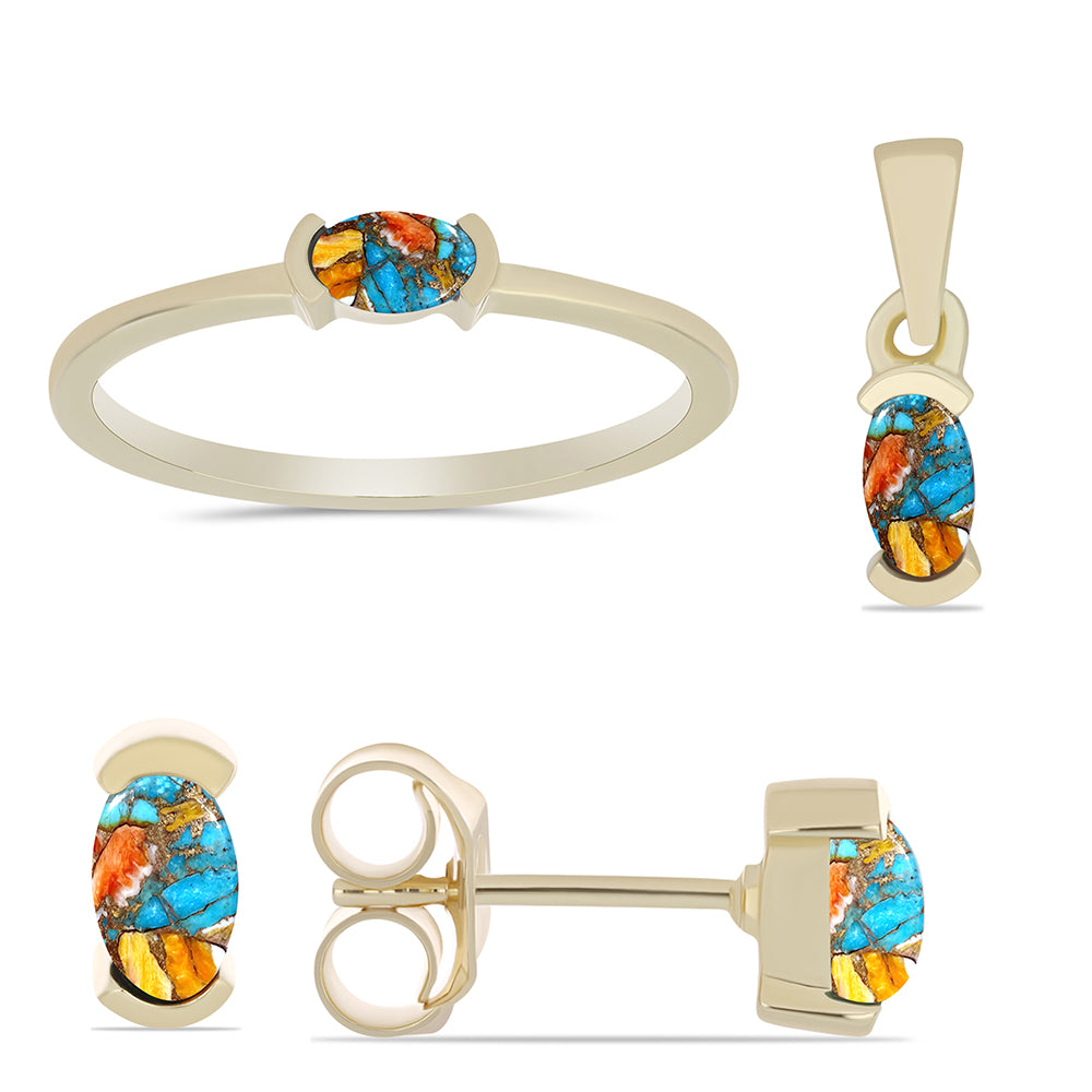 Conjunto de Plata Bañada en Oro con Turquesa Ostra ( Pendientes +Anillo +Colgante )