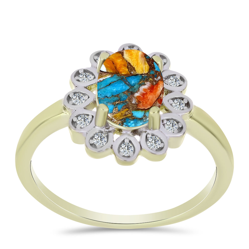 Anillo de Plata Bañada en Oro con Turquesa Ostra y Topacio Blanco 3 