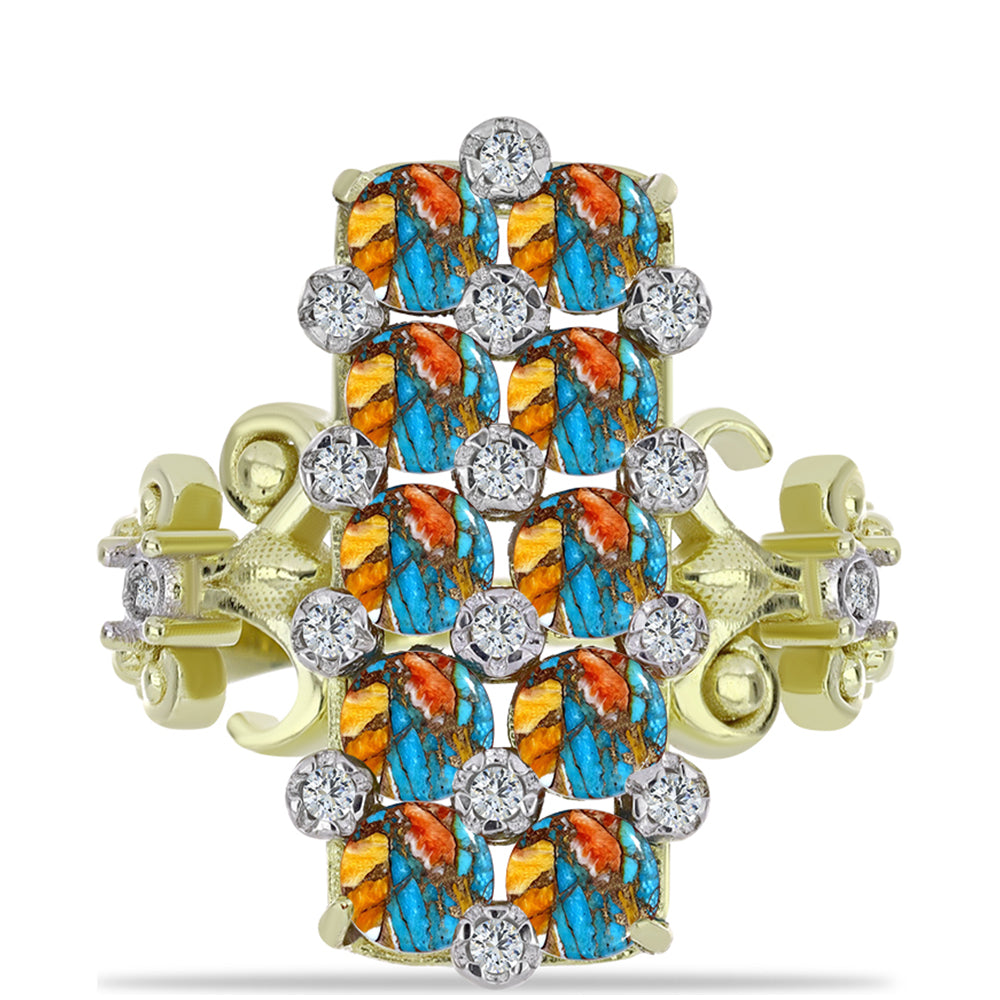 Anillo de Plata Bañada en Oro con Turquesa Ostra y Topacio Blanco 1 