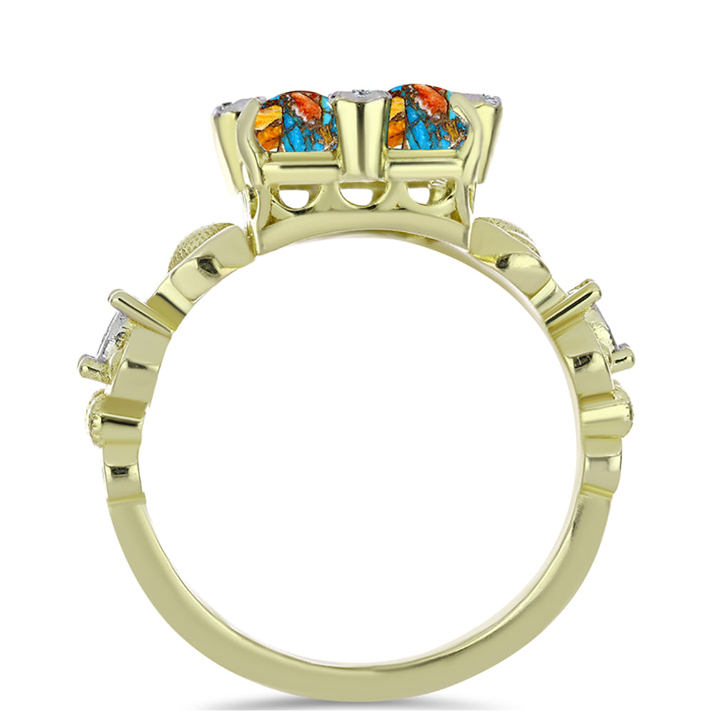 Anillo de Plata Bañada en Oro con Turquesa Ostra y Topacio Blanco 2 