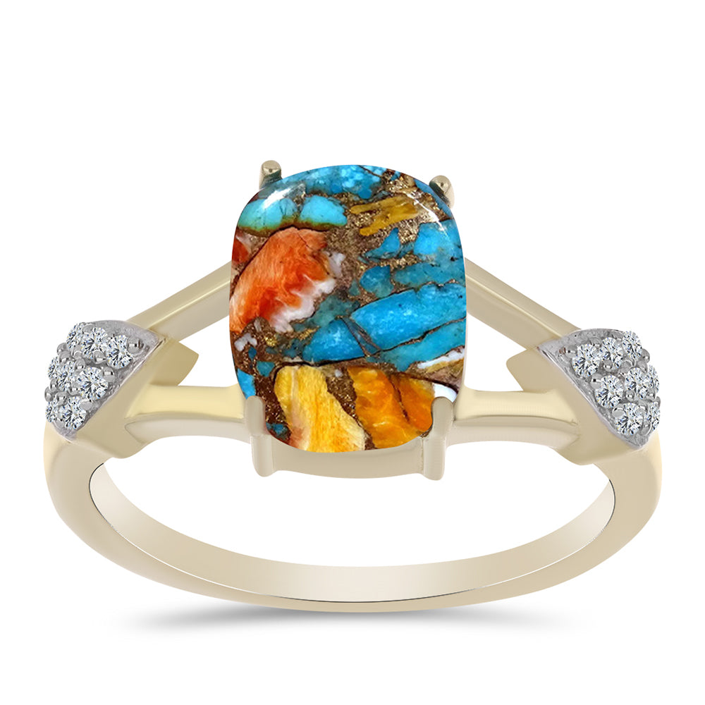 Anillo de Plata Bañada en Oro con Turquesa Ostra y Topacio Blanco