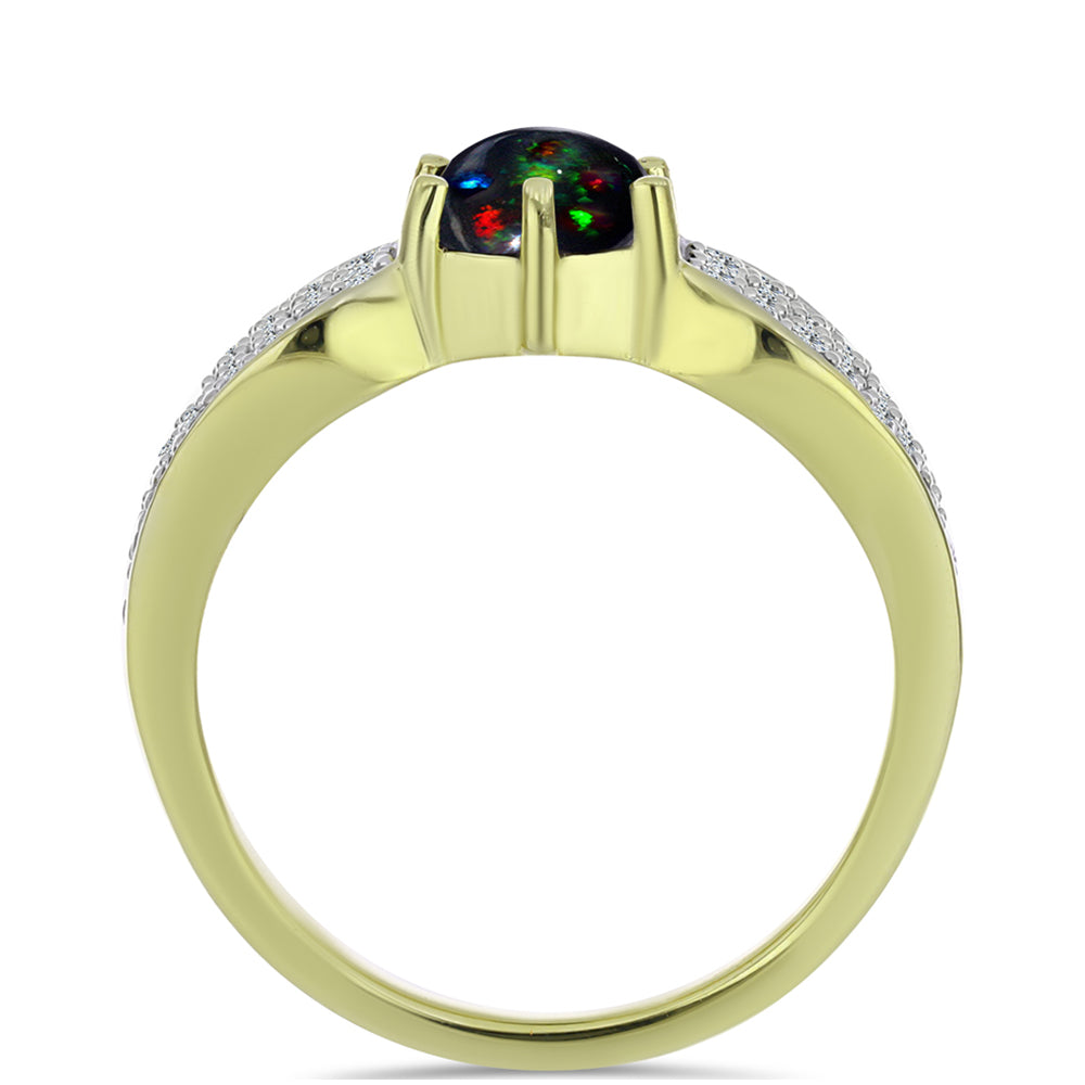 Anillo de Plata Bañada en Oro con Ópalo negro medianoche Lega Dembi de Ëtiopía y Topacio Blanco 2 