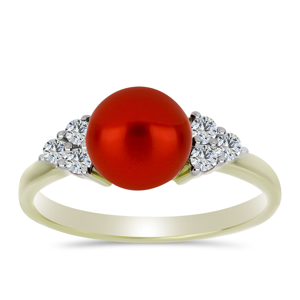 Anillo de Plata Bañada en Oro con Perla roja de río y Topacio Blanco 3 