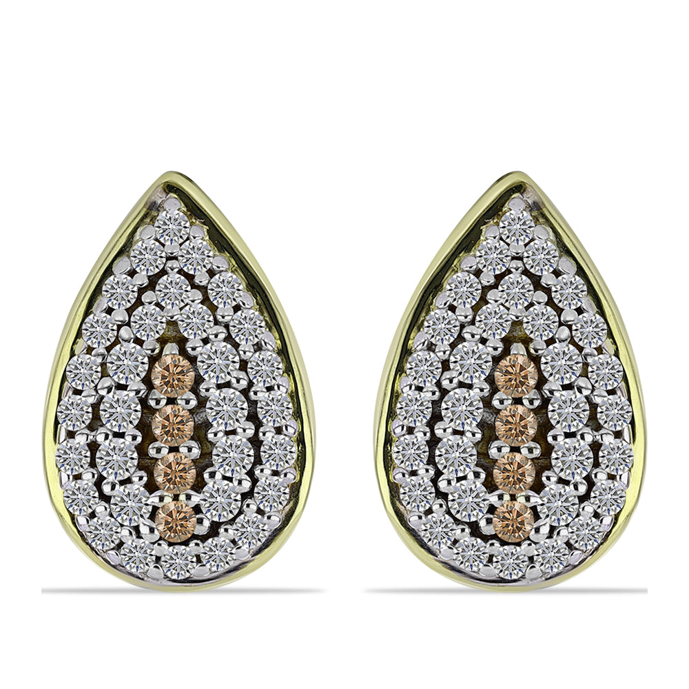 Conjunto de Plata Bañada en Oro con Diamante Champagne y Topacio Blanco ( Pendientes +Anillo +Colgante )