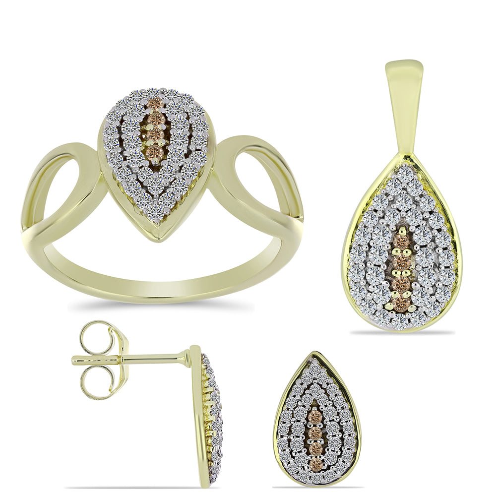 Conjunto de Plata Bañada en Oro con Diamante Champagne y Topacio Blanco ( Pendientes +Anillo +Colgante ) 1 