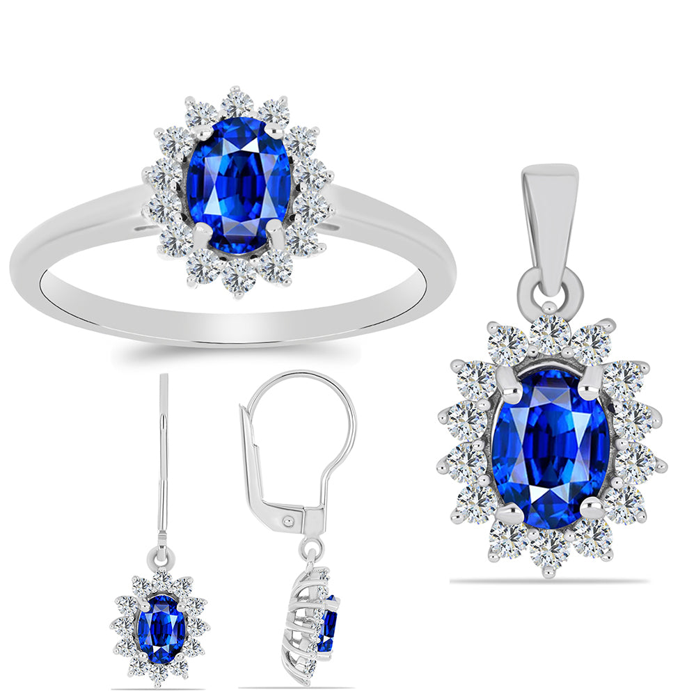 Conjunto de Plata con Zafiro Azul Australiano y Topacio Blanco ( Pendientes +Anillo +Colgante ) 1 
